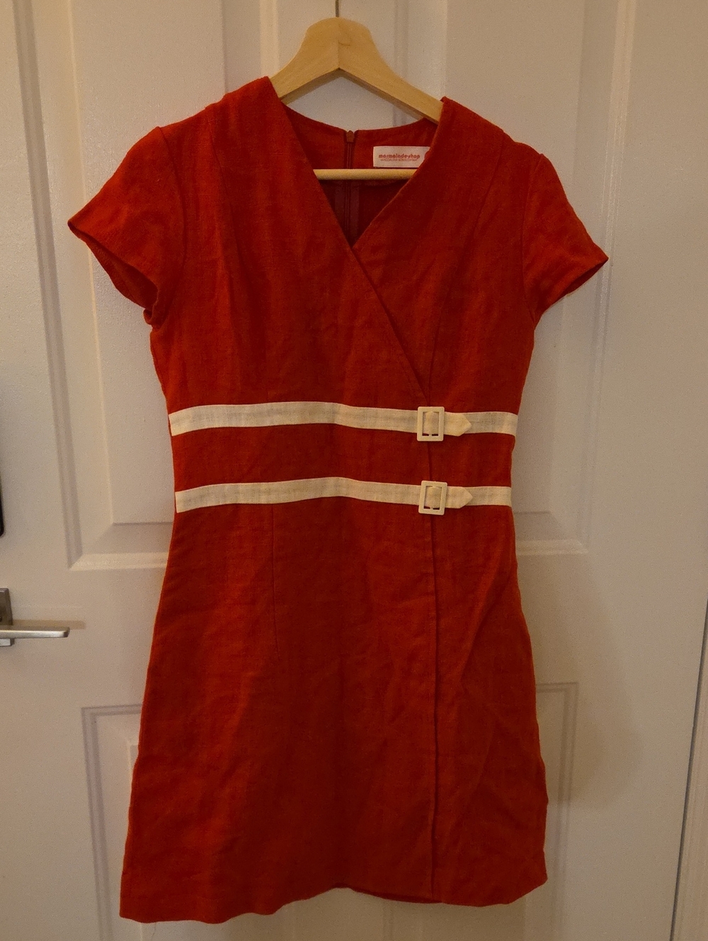 Marmalade Shop Retro Red Wrap-Style Dress with White Waist Straps